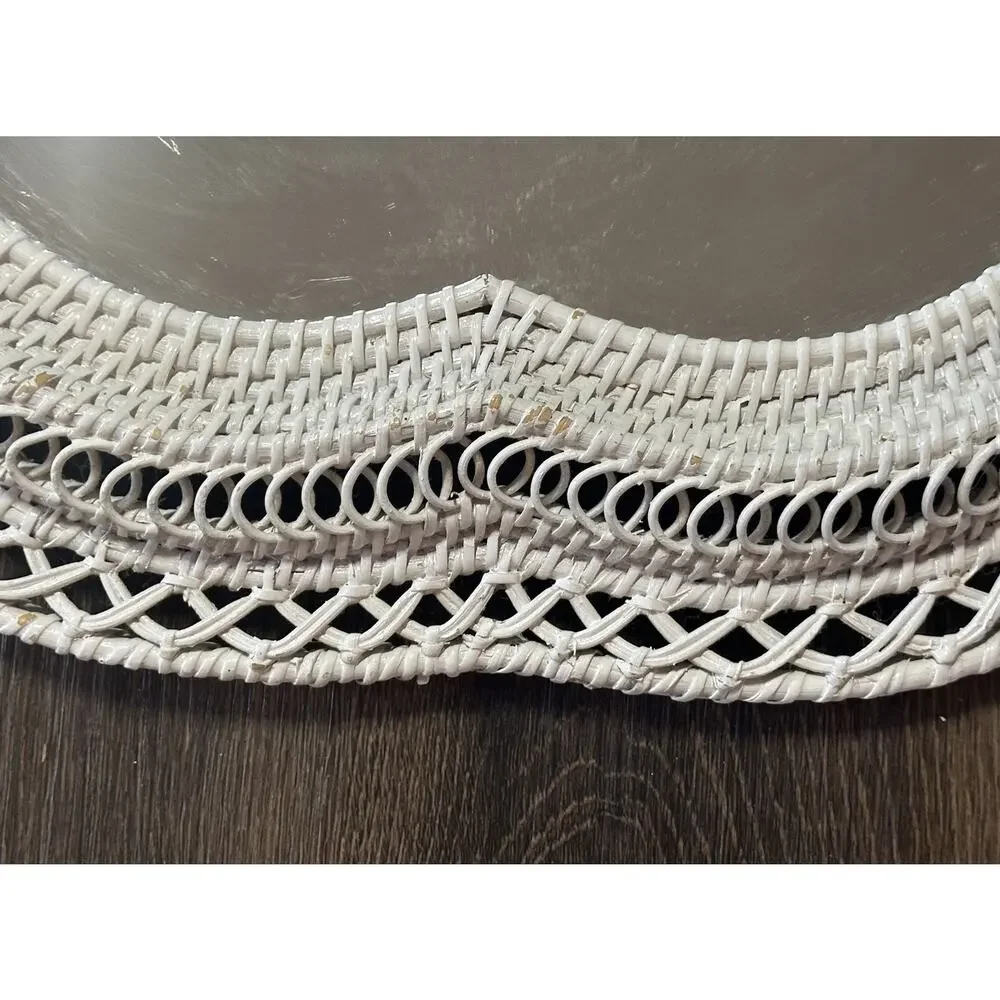 Vtg Open Weave Heart Shaped White Wicker Wall‎ Mirror Boho Shabby Chic 18X19